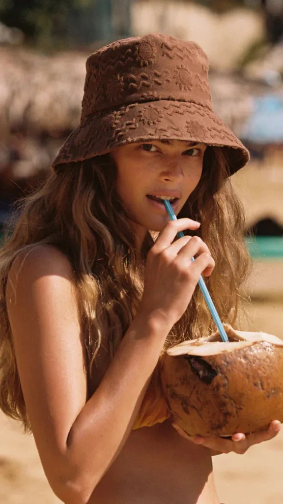 A woman on the beach drinking from a coconut wearing a cotton terry cloth bucket hat design featuring embossed sunshine print in Coco Brown from Lack of Color. 