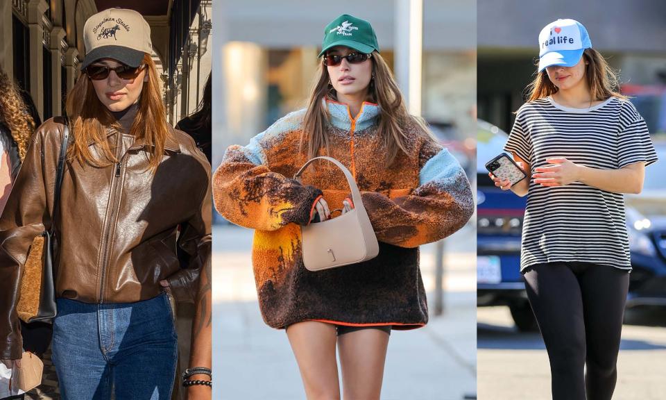 Kendall Jenner, Hailey Bieber, and Addison Rae seen wearing trucker fashion caps.