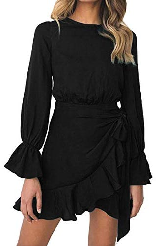 Long-Sleeve Ruffles Wrap Dress