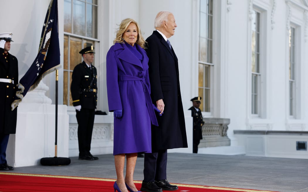 First lady Jill Biden and U.S. President Joe Biden wait the arrival of U.S. President-elect Donald Trump at the White House on January 20, 2025 in Washington, DC. Donald Trump takes office for his second term as the 47th president of the United States.