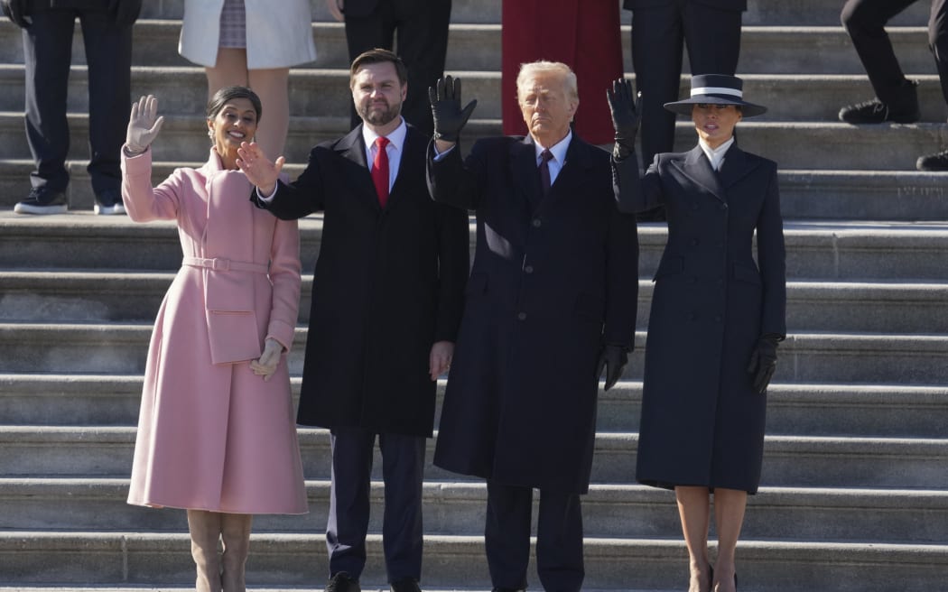 Second Lady Usha Vance, Vice President JD Vance, President Donald Trump and First Lady Melania Trump participate in the departure ceremony for outgoing United States President Joe Biden and first lady Dr. Jill Biden on the East Front of the United States Capitol in Washington, DC after the swearing-in of Donald Trump as President on January 20, 2025.